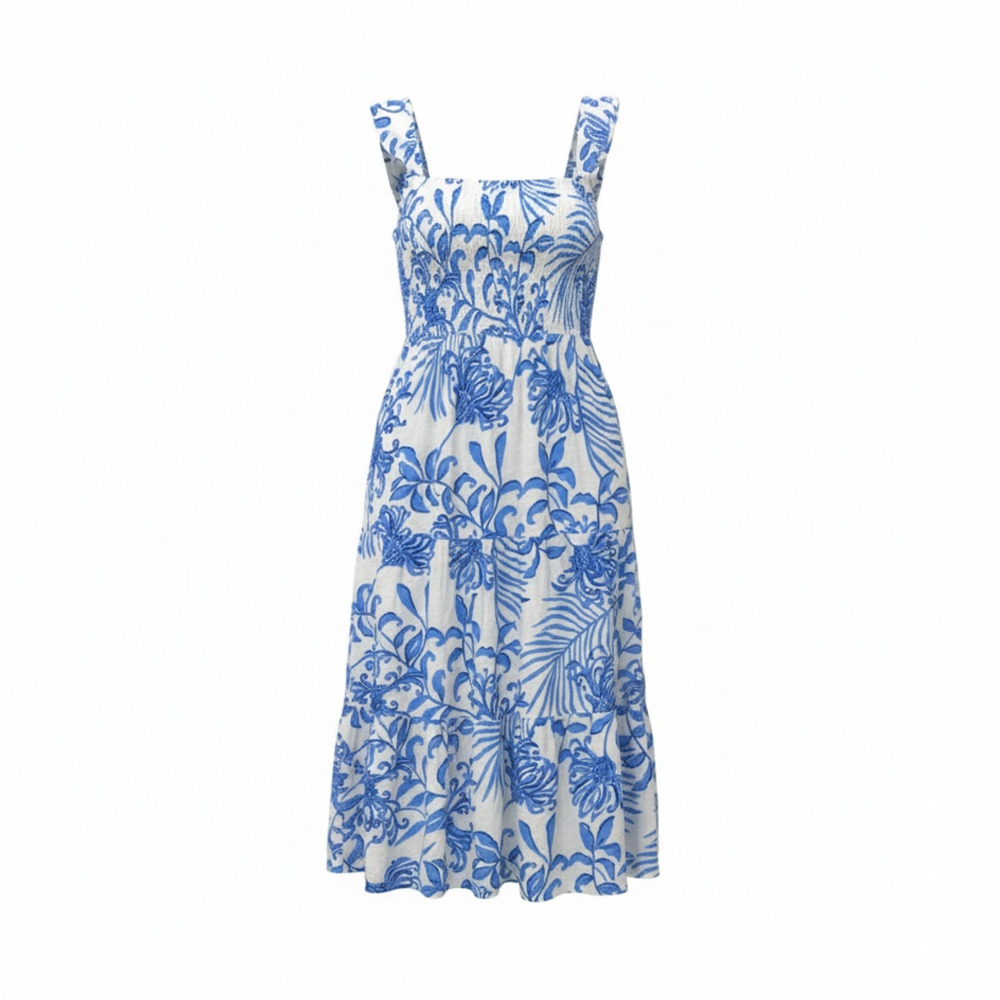 Lilly Pulitzer Girls Mini Jilly Midi Dress L Blue White Floral Smocked Cotton